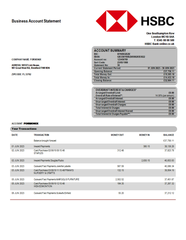 Modèle Word et PDF de déclaration d'entreprise de la Banque HSBC